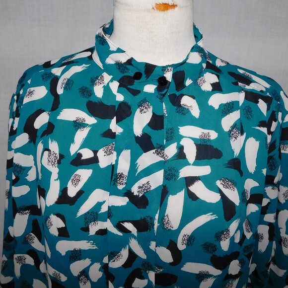 VTG Marjorie Hamilton Womens 40 / XL Teal Black White Pattern Sheer Blouse - Picture 2 of 10